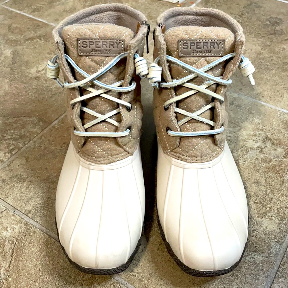 Sperry quilted cream and tan duck boots